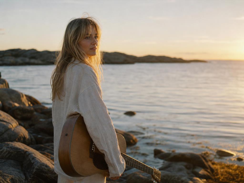 Nora Lind standing on a rocky shoreline at sunset with an acoustic guitar