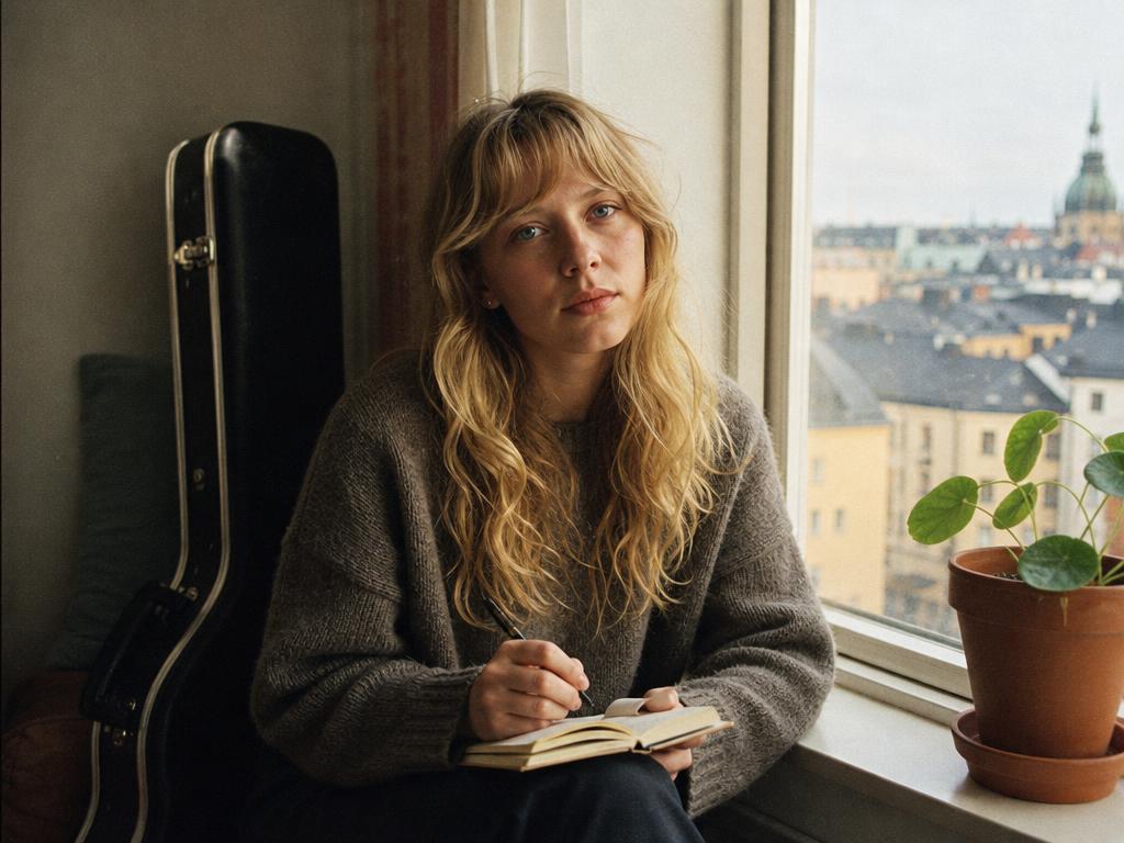 Nora Lind sitting by a Stockholm apartment window with a notebook