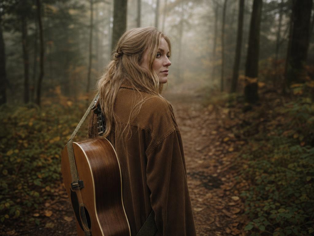 Nora Lind walking on a forest path carrying a guitar